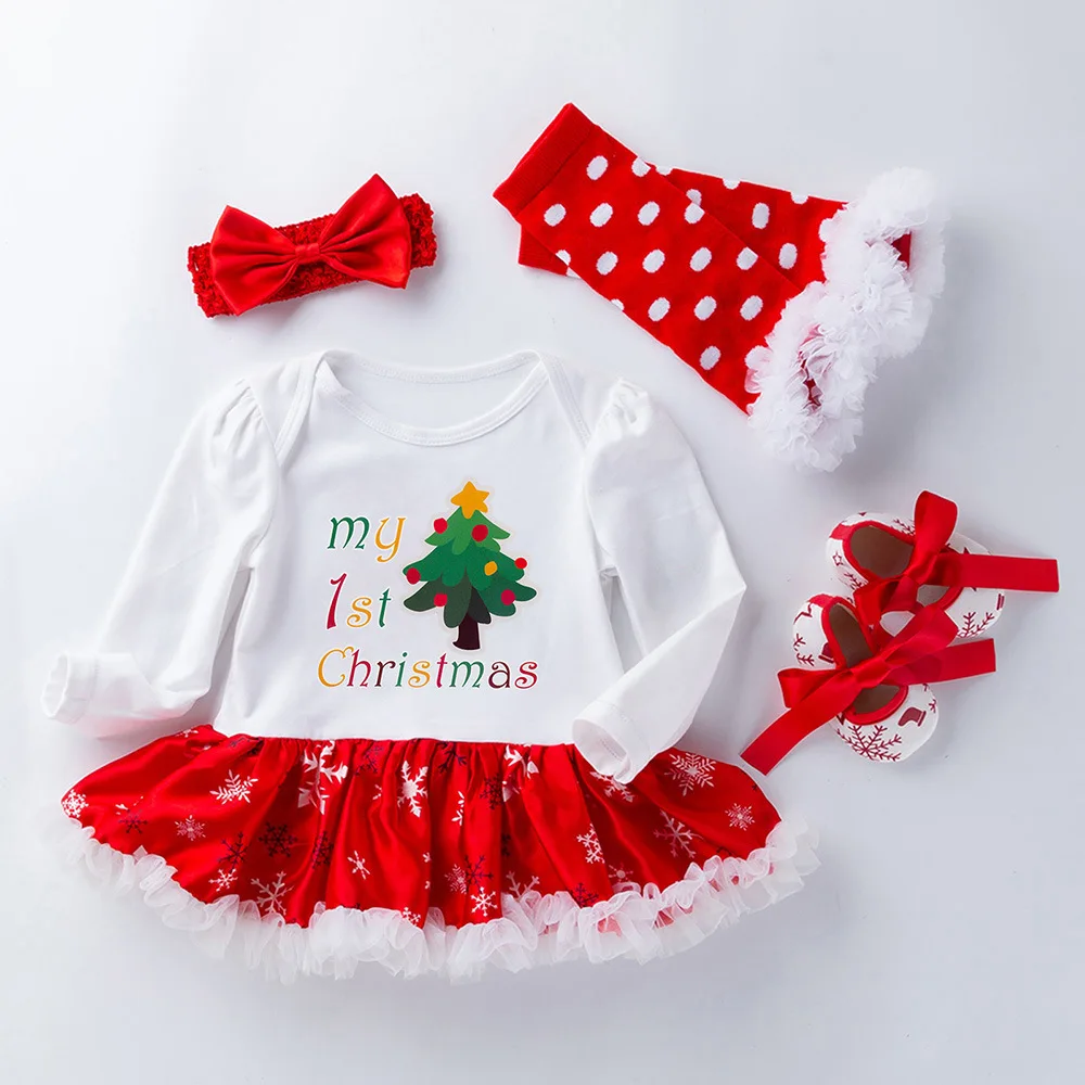 Christmas-Big-Snowflake-Dress-Set-Cartoon-Long-sleeved-Baby-Girl-Dress-2023-1 Baby Chrismas Set - Image 1